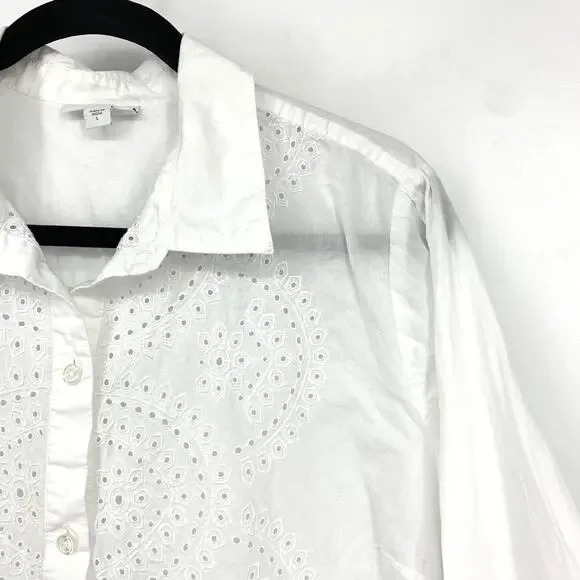 J Jill White Eyelet Embroidered Button Front Blouse Womens Large Cotton Boho Top - Picture 3 of 6